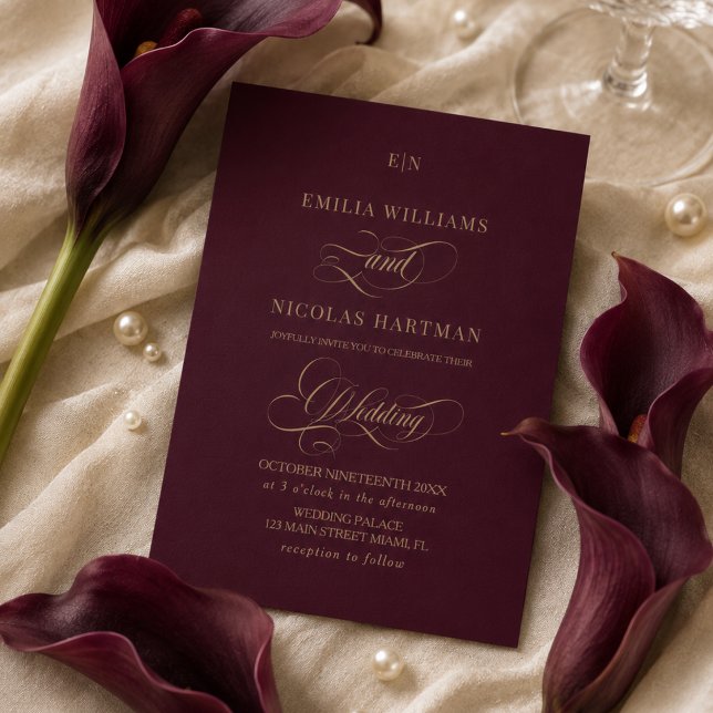 Convite Casamento Monograma Dourado Borgonha (Criador carregado)