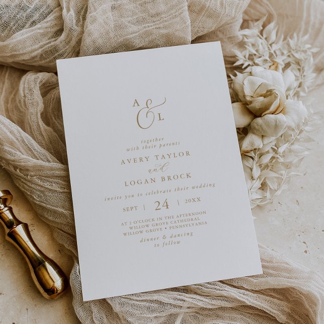 Convite Casamento Monograma Elegante em Letra Dourada (Elegant Gold Script Monogram Wedding Invitation)