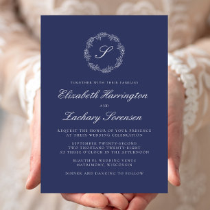 Convite Casamento Monograma em Azul Marinho com Coroa em B