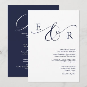 Convite Casamento Monograma em Letra de Forma Azul Marinho