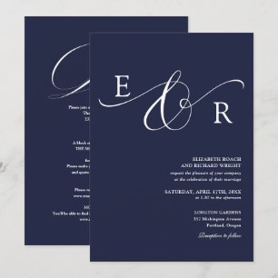 Convite Casamento Monograma em Script Chic Azul Naval Tudo