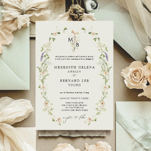 Convite Casamento Monograma Flor de Campo Rústico Vintage