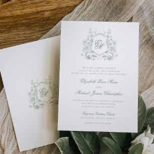 Convite Casamento Monograma Floral Verde Sage Formal