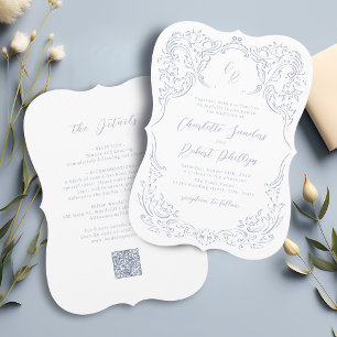 Convite Casamento Monograma Florido Azul Empoeirado Vintag