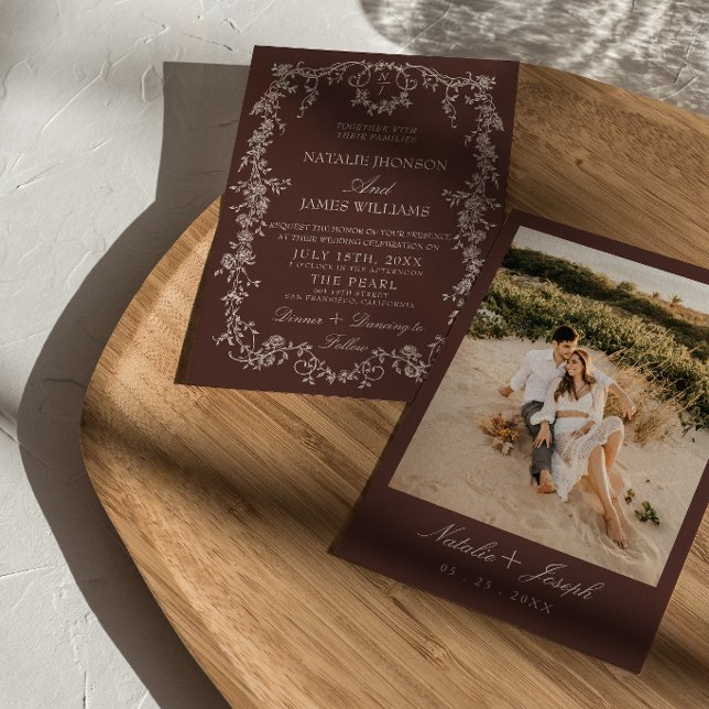 Convite Casamento Monograma Marrom Chocolate Floral Old Mo (Criador carregado)