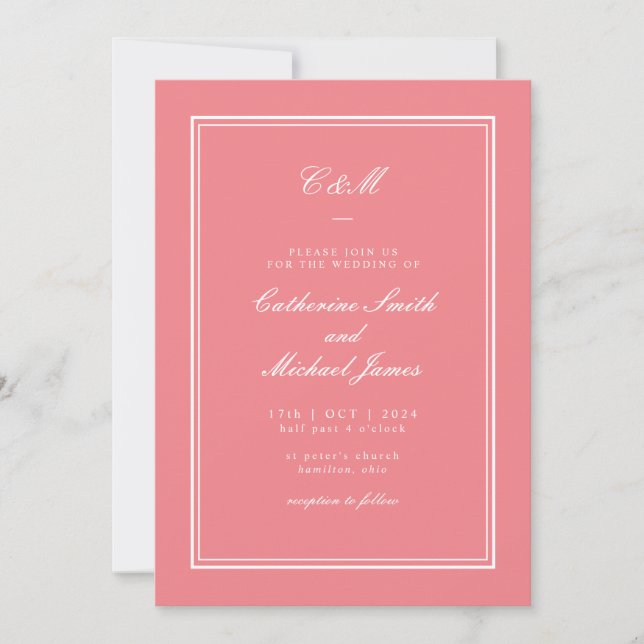 Convite Casamento Monograma Rosa Coral Clássico Absoluto (Frente)