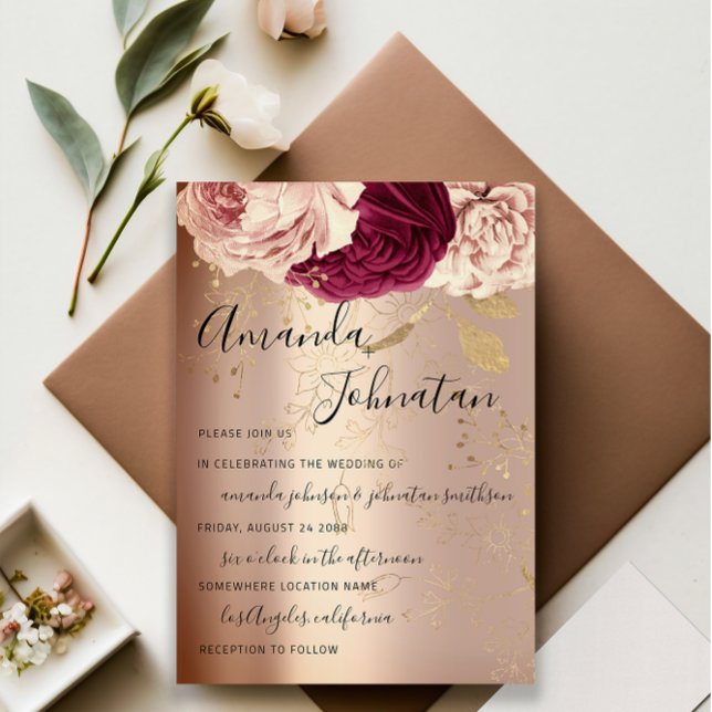 Convite Casamento Monograma Rosa Florais Marsala Rosa Dour (Wedding Monogram Pink Florals Marsala Rose Gold Invitation)