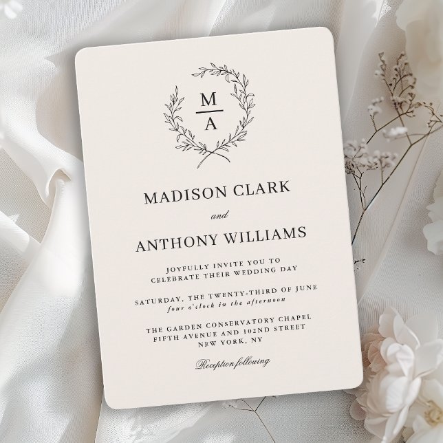 Convite Casamento Monograma Simples Elegante Ecru Claro (Criador carregado)