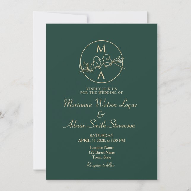 Convite Casamento Monograma Verde Esmeralda (Frente)