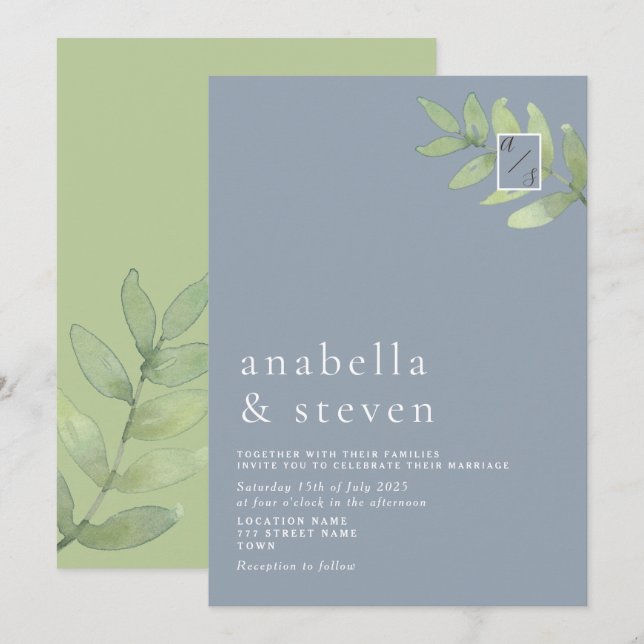 Convite Casamento Monograma Verde Sage Azul Empoeirado (Frente/Verso)