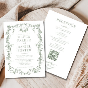 Convite Casamento Monograma Vitoriano Verde Sage Tudo em U