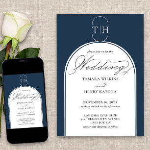 Convite Casamento Monogramado com Caligrafia Elegante Azul