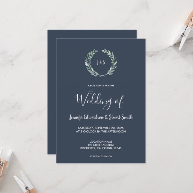 Convite Casamento monogramado com folhas rústicas em aquar (Frente/Verso In Situ)