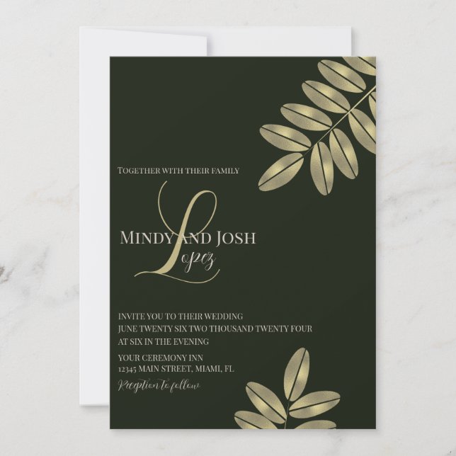 Convite Casamento Monogramado com Ramo Falso Moderno Scrip (Frente)