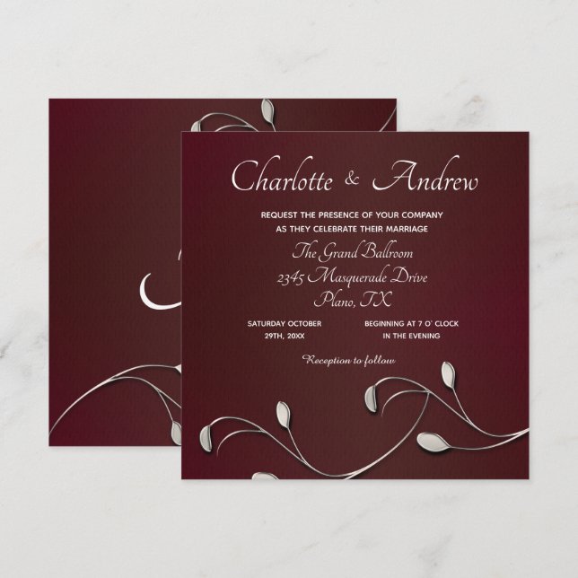 Convite Casamento Monogramado Floral Borgonha (Frente/Verso)