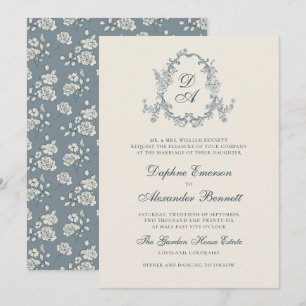 Convite Casamento Monogramado Floral Vintage Azul