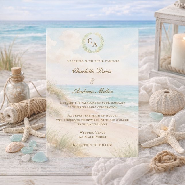 Convite Casamento monogramado na praia costeira (Criador carregado)
