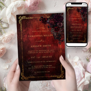 Convite Casamento Moody Dark Romance Burgundy Dourado