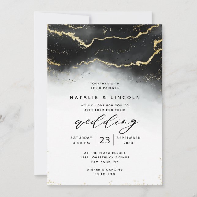 Convite Casamento Moody Mist Ombre Black Watercolor (Frente)