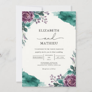 Convite Casamento Moody Teal Floral Watercolor