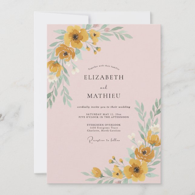 Convite Casamento Mostarda Amarelo Papoula Bege (Frente)