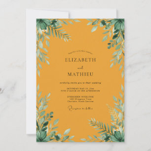 Convite Casamento Mostarda Dourado Folhagem Eucalipto Empo