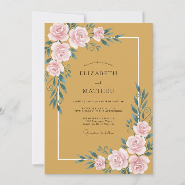 Convite Casamento Mostarda Dourado Peônia (Frente)