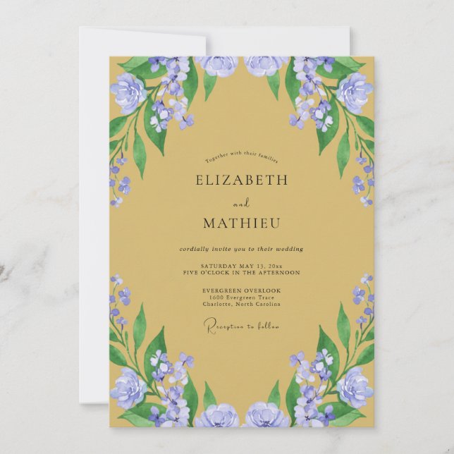 Convite Casamento Mostarda Lilás Florido (Frente)