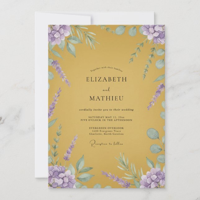 Convite Casamento Mostarda Lilás Lavanda Eucalipto (Frente)