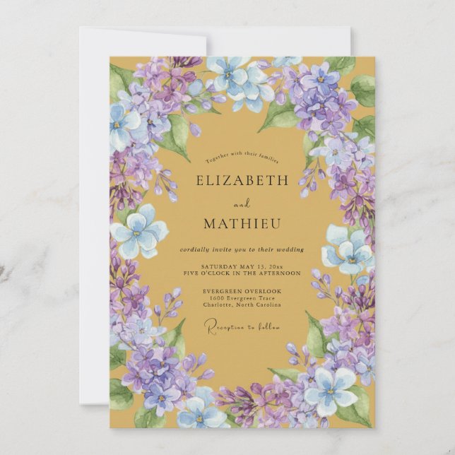 Convite Casamento Mostarda Periwinkle Wisteria (Frente)