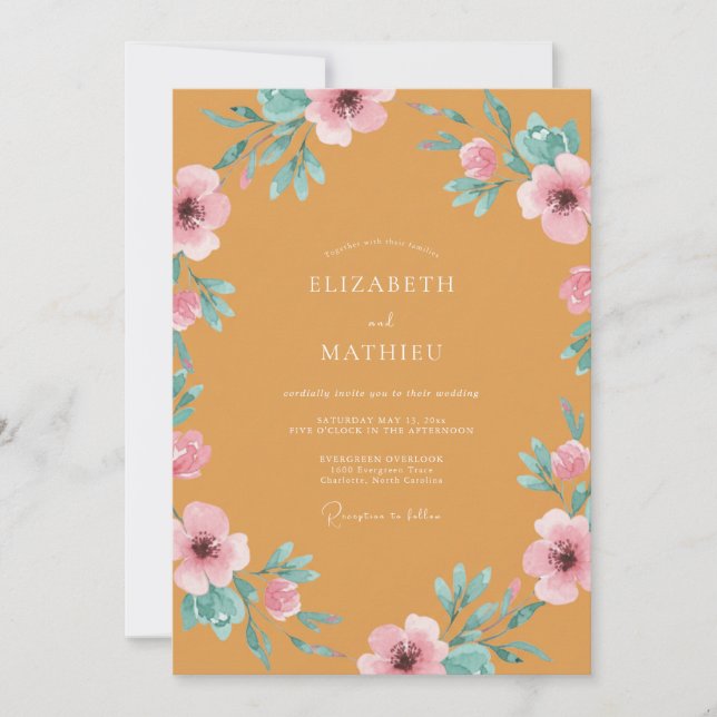 Convite Casamento Mostarda Rosa Papoula (Frente)