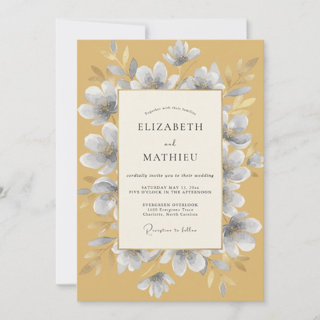 Convite Casamento Mostarda Silver Blossom (Frente)