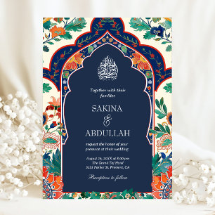 Convite Casamento Muçulmano Azul Naval com Relevo Floral P