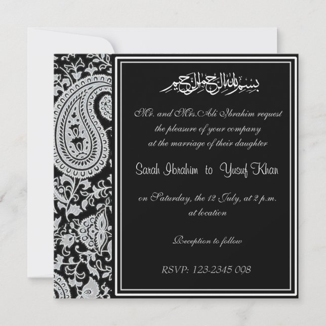 Convite Casamento muçulmano Black and White Indian Damask (Frente)