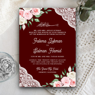 Convite Casamento Muçulmano Código QR Burgundy Renda Flora