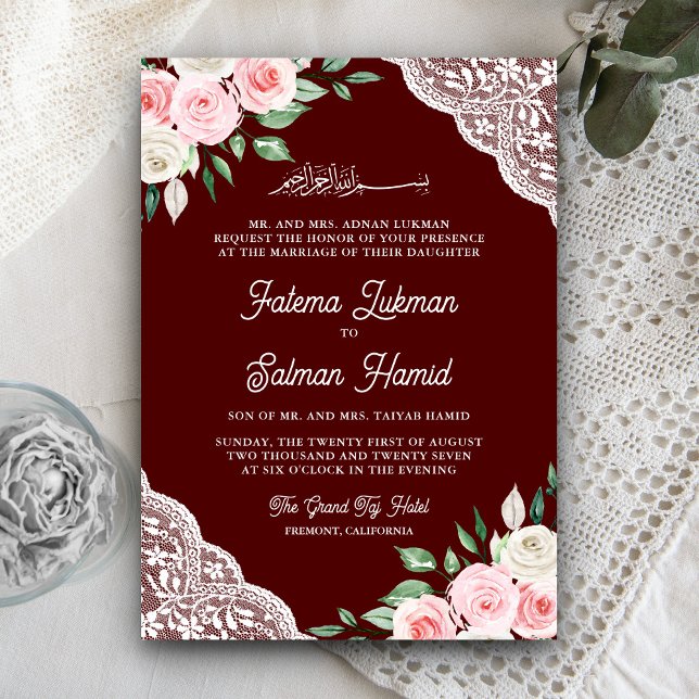 Convite Casamento Muçulmano Código QR Burgundy Renda Flora (Criador carregado)