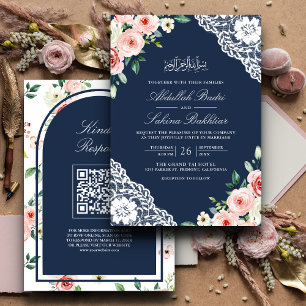 Convite Casamento Muçulmano Código QR de Renda Azul Naval
