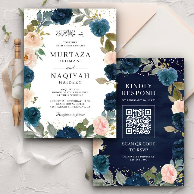 Convite Casamento Muçulmano Código QR Floral Azul Naval Pê (Criador carregado)