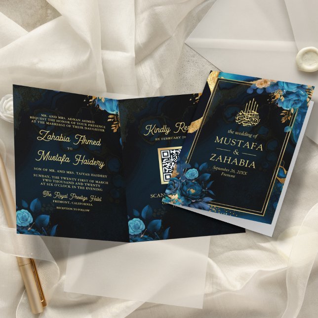 Convite Casamento Muçulmano Código QR Floral Azul Royal Do (Criador carregado)