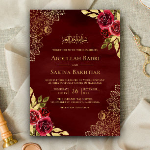 Convite Casamento Muçulmano Código QR Floral Marrom Vermel