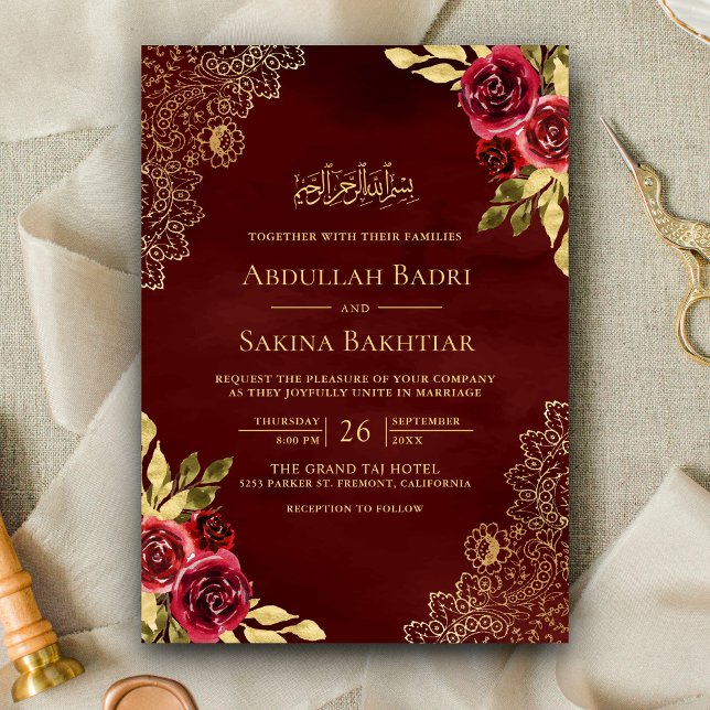 Convite Casamento Muçulmano Código QR Floral Marrom Vermel (Criador carregado)