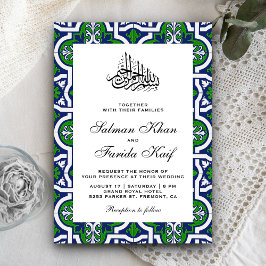 Convite Casamento Muçulmano com Arabesco Islâmico Azul e V