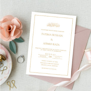 Convite Casamento Muçulmano com Borda Dourada e Letra Form