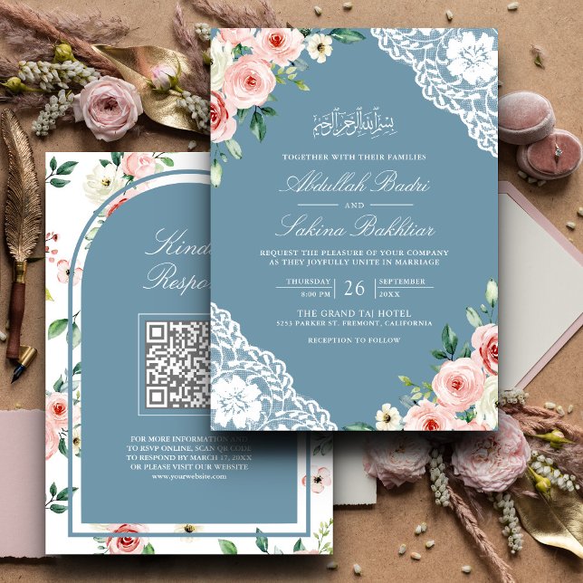 Convite Casamento Muçulmano com Código QR de Renda Azul Ma (Criador carregado)