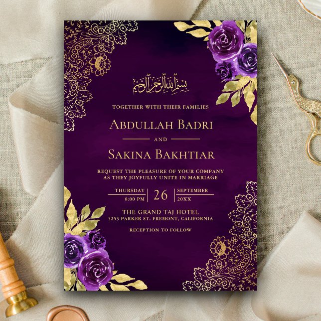 Convite Casamento Muçulmano com Código QR de Renda Floral  (Criador carregado)
