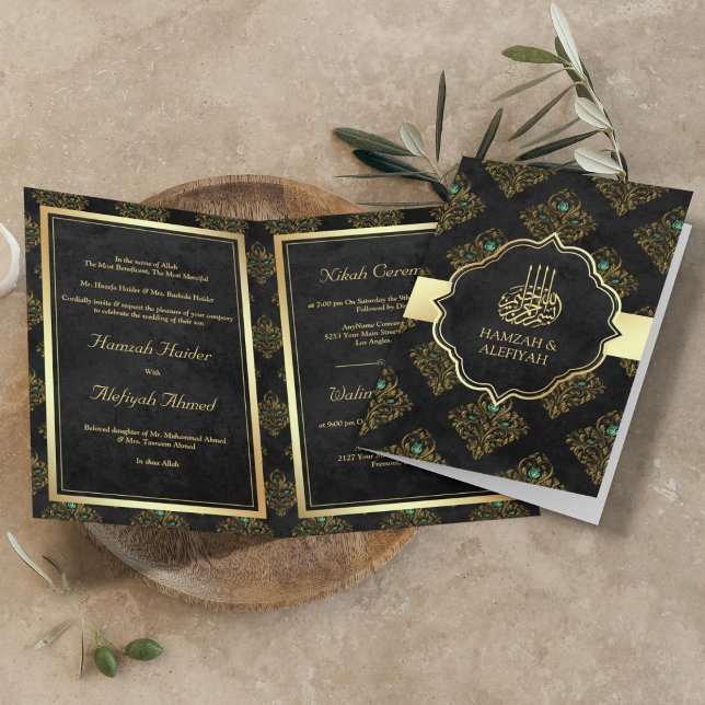 Convite Casamento Muçulmano com Damasco Preto Rústico Vint (Criador carregado)