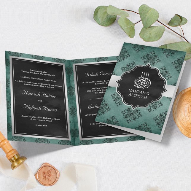 Convite Casamento Muçulmano com Damasko Preto Teal Prata R (Criador carregado)