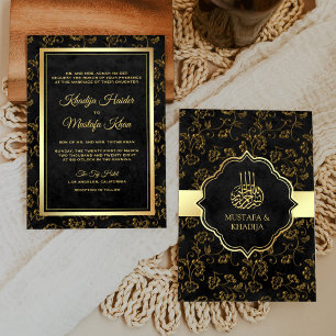Convite Casamento Muçulmano com Filigrama Preto Rústico Vi