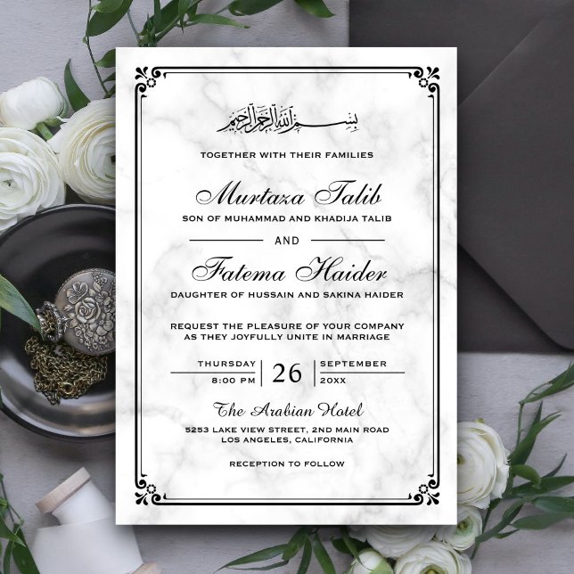 Convite Casamento Muçulmano com Mármore Branco e Borda Pre (Criador carregado)