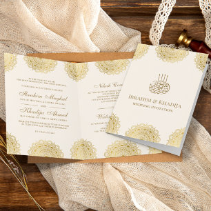 Convite Casamento Muçulmano com Motivo Asiático em Creme e